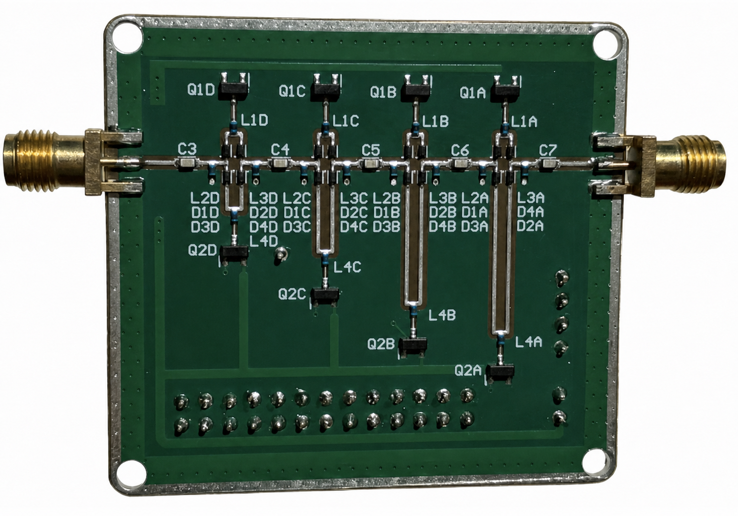 Discrete S-band switched-line phase shifter PCB with two RF connectors, four PIN-diode switching stages, and digital control header